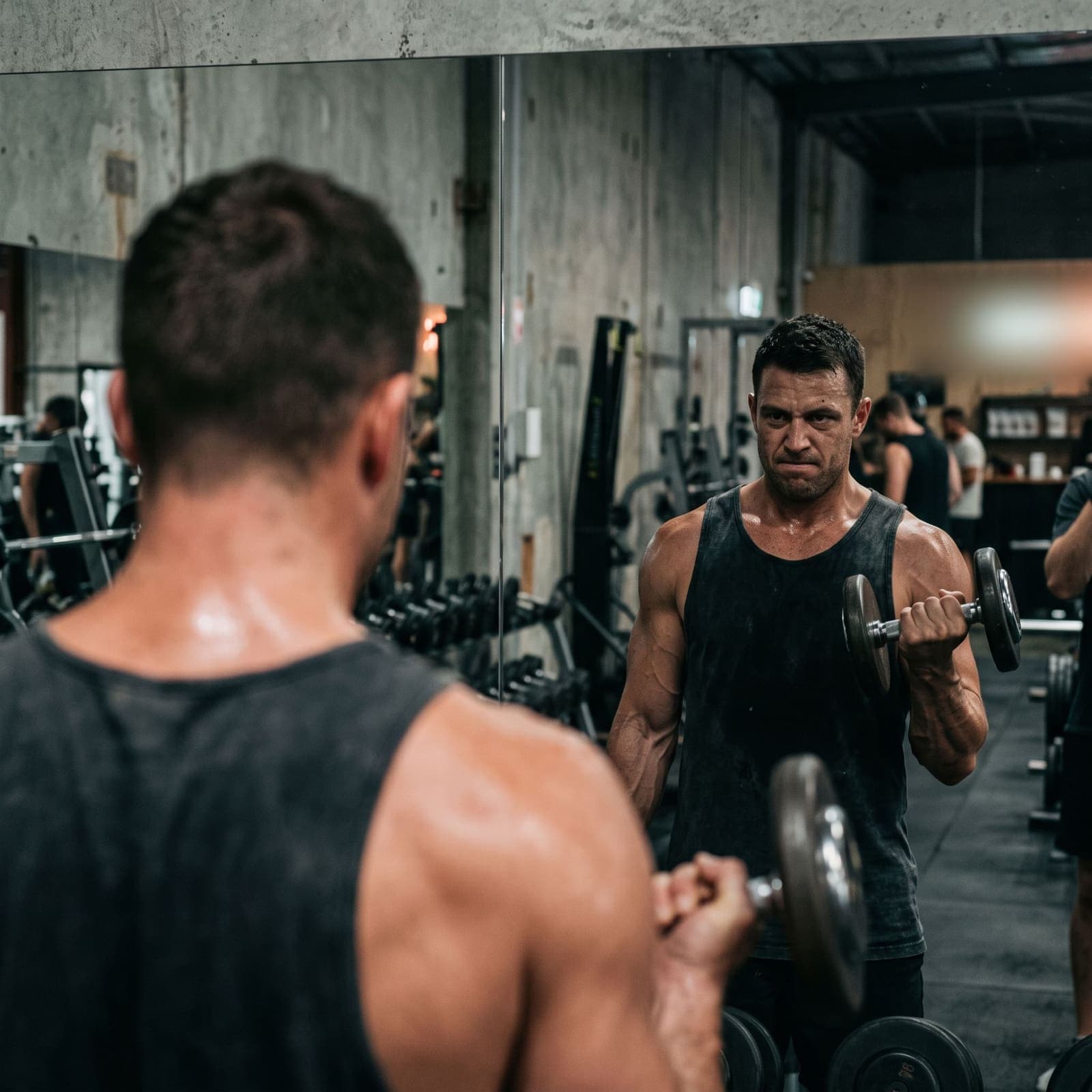 A man curling a dumbbell in front of a gym mirror