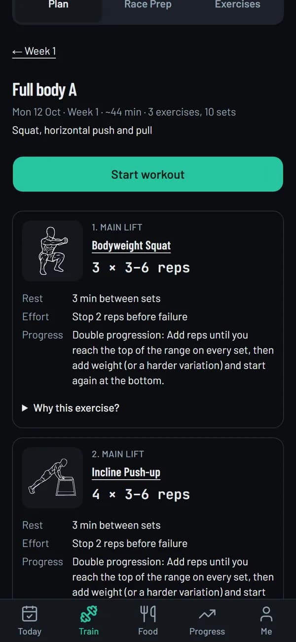 Workout screen for Full body A: Bodyweight Squat, 3 x 3-6 reps, 3 minutes' rest