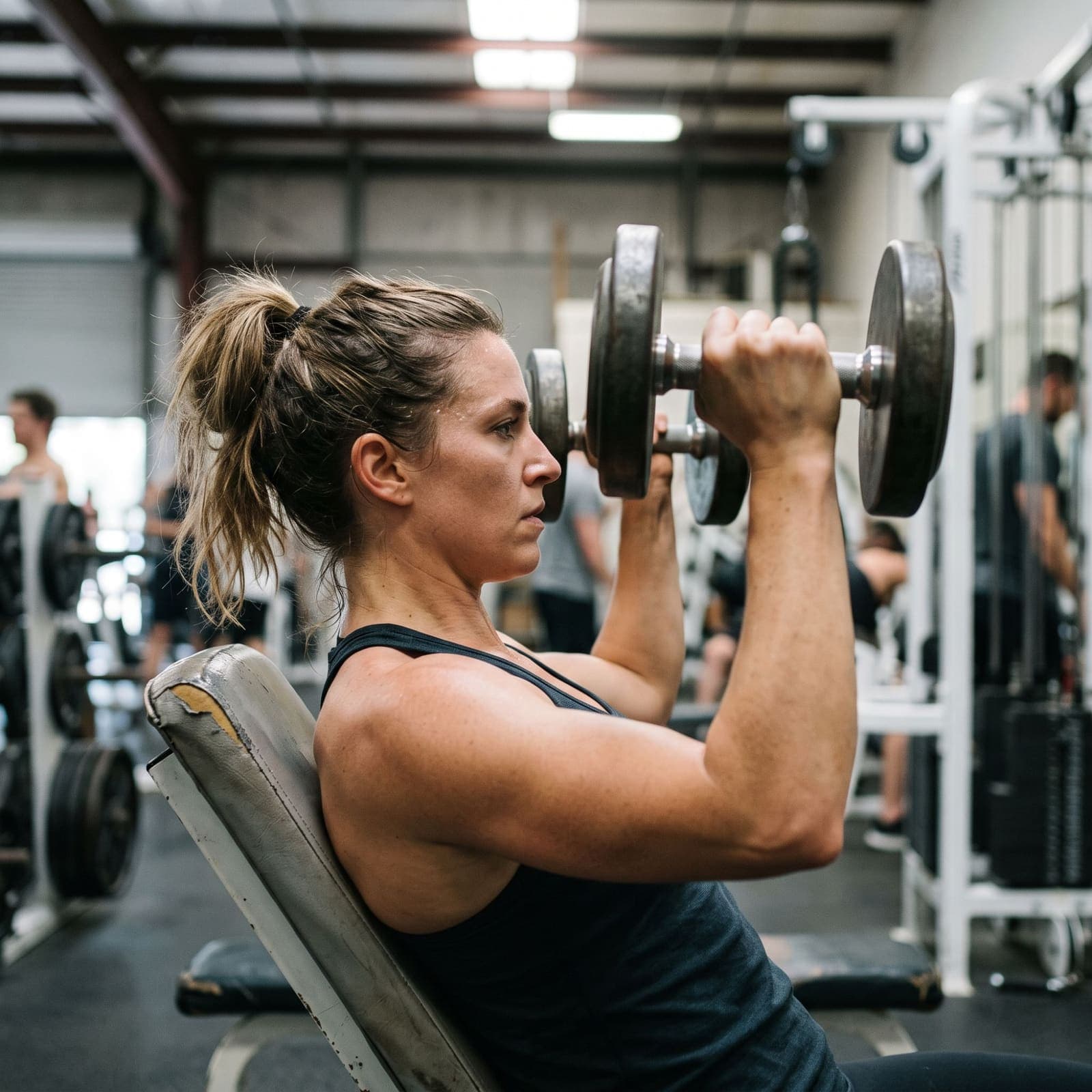 A woman pressing dumbbells overhead on an incline bench